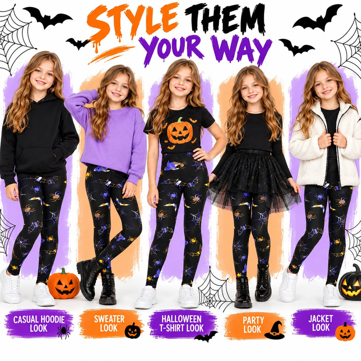 Black kids leggings with white skull and bone print, full length