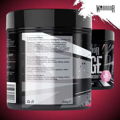 Warrior Rage - Pre-Workout Powder - 392g - Energy Drink Supplement with Vitamin C, Beta Alanine and Creatine Gluconate - 45 Servings (Charged Cherry)