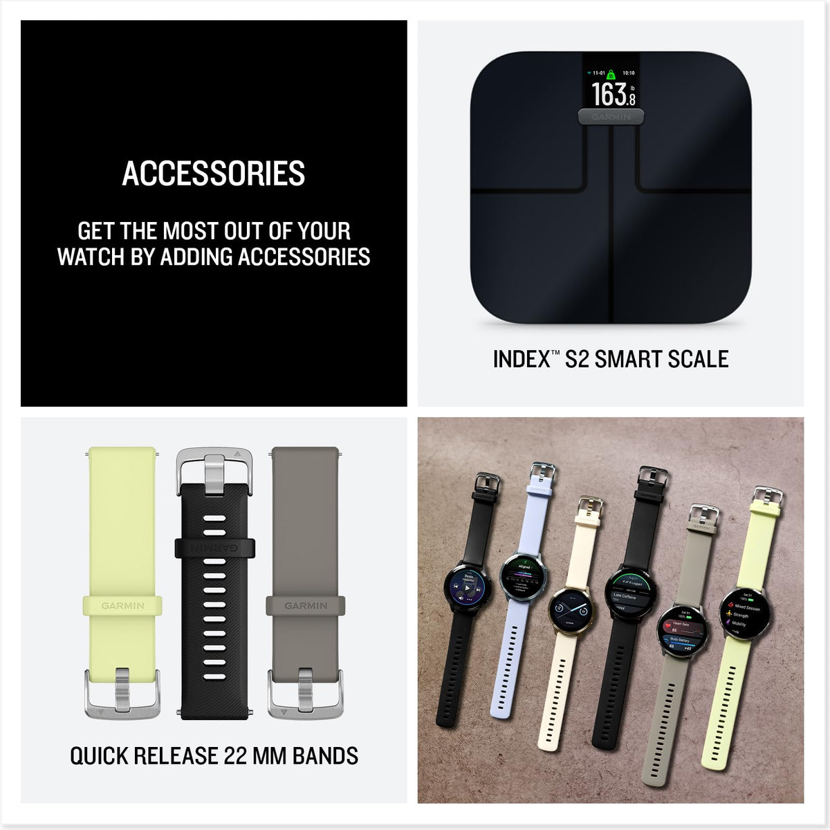 Garmin Venu 4 accessories with quick-release 22 mm bands and Index smart scale
