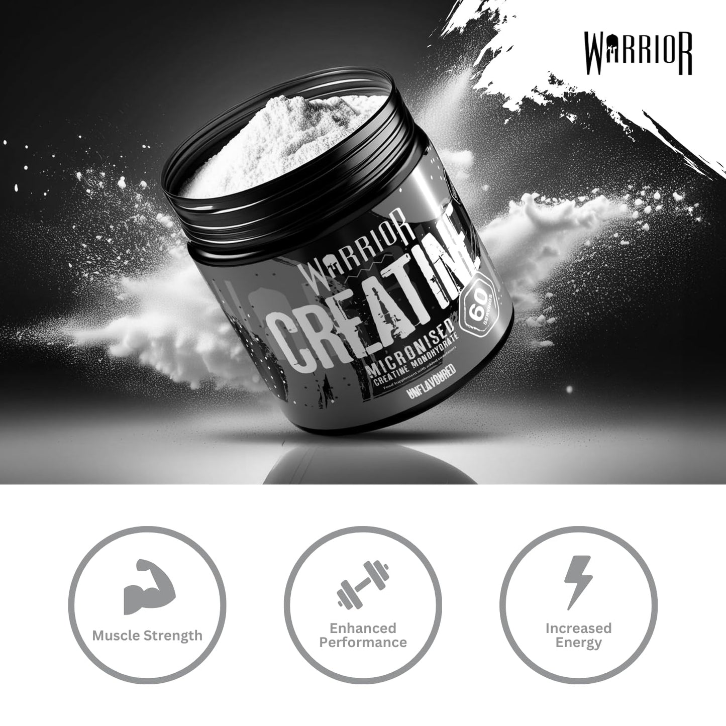 Warrior Creatine Monohydrate Powder 300g – Micronised – Proven to Improve Physical Performance and Recovery, 5g Servings (Unflavoured)