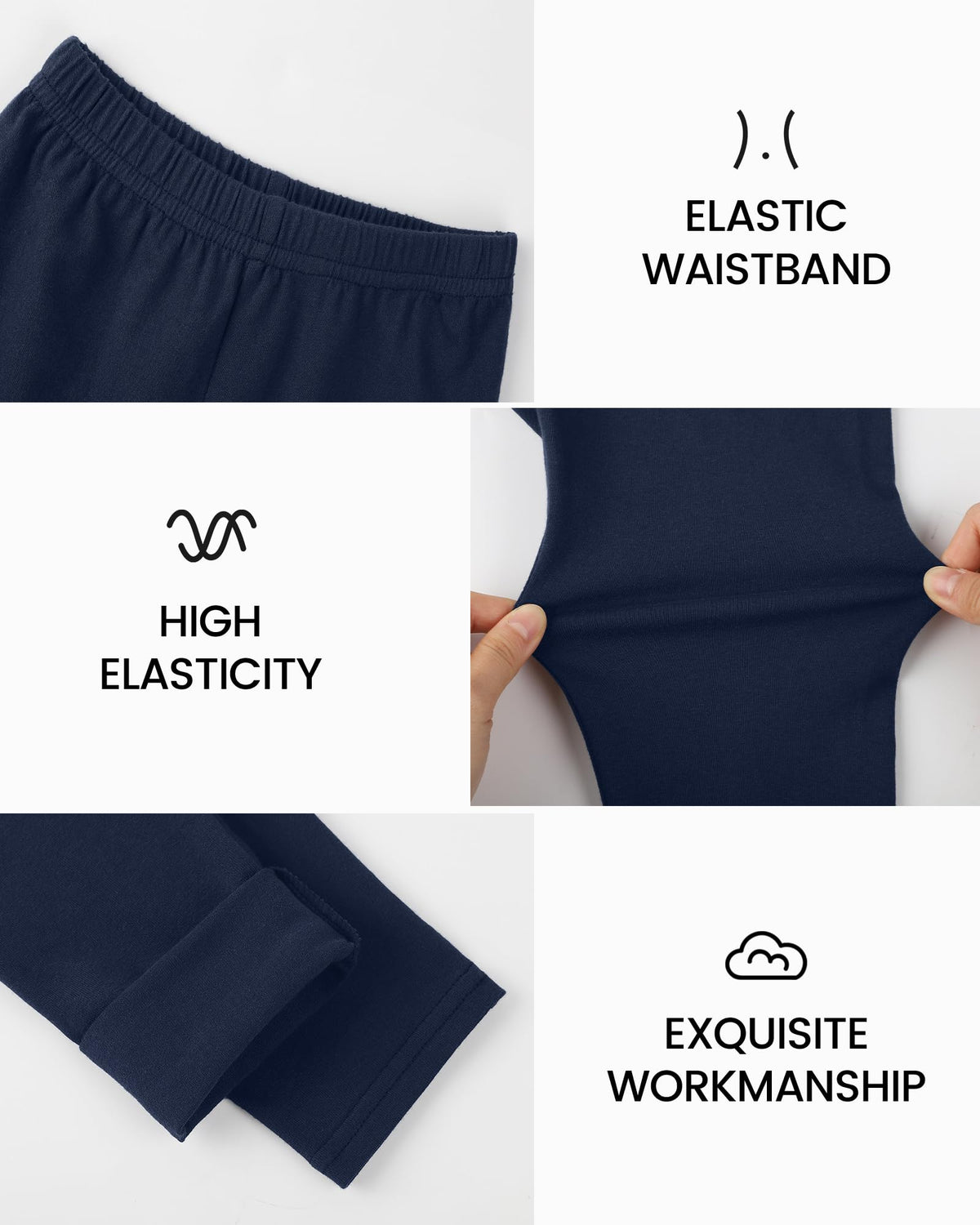 Navy girls leggings detail: elastic waist, high stretch fabric