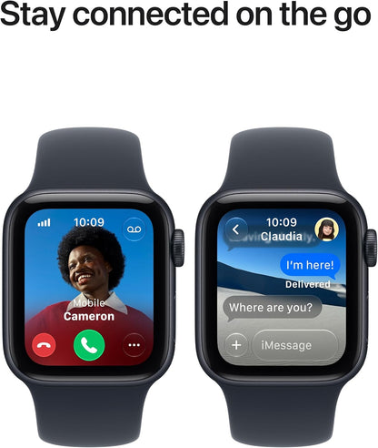 Two Apple Watch SE 3 smartwatches with midnight bands, one with call screen and one messages