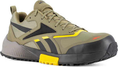 Men's tan trail running shoes with lace-up closure, bright yellow heel, and tread outsole