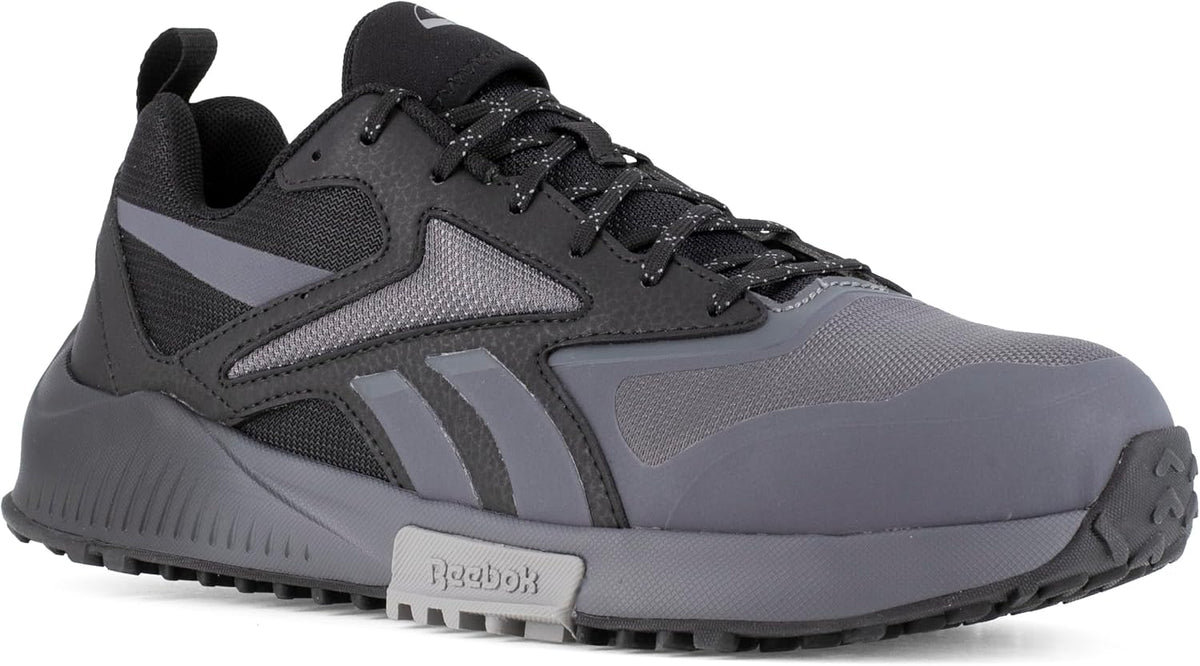 Men's trail running shoes with grey mesh upper, black laces, Reebok branding, grippy outsole