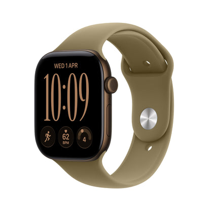 Light gold GPS smartwatch with beige silicone band, rounded display and metal side button
