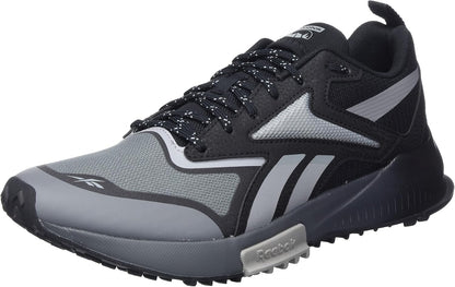 Men's trail running shoes with black mesh upper, grey panels, white Reebok accents, tread sole