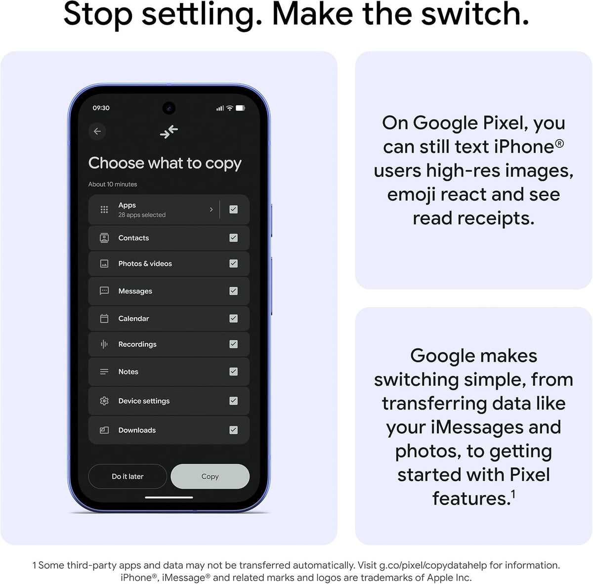 Unlocked 5G smartphone showing copy what to transfer settings screen