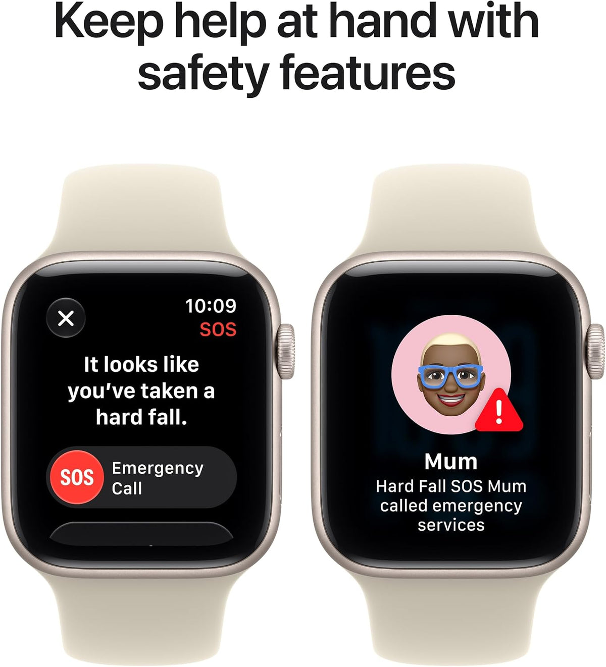 Two light sport-band smartwatches showing SOS and emergency call screens
