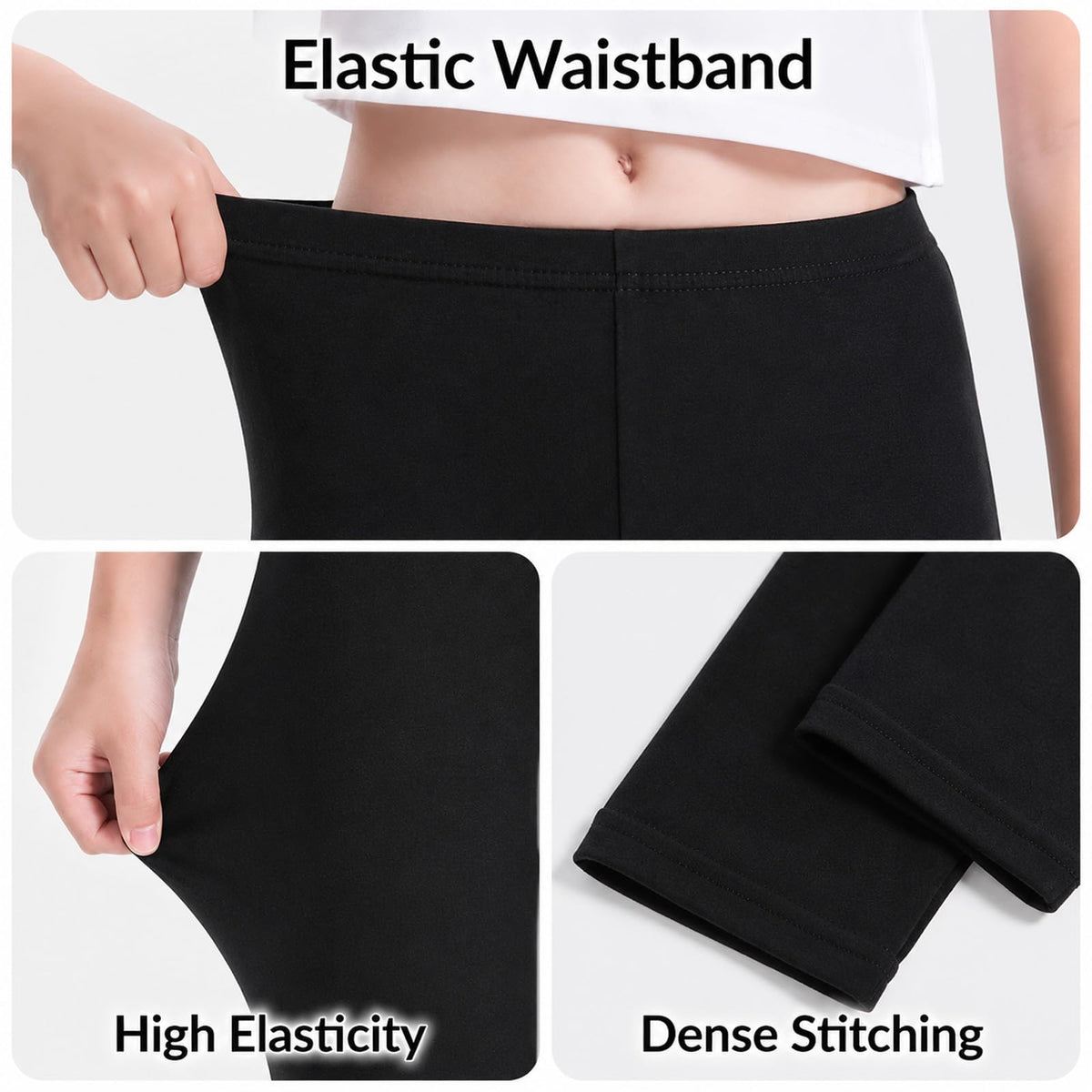 Girls black leggings with elastic waistband, high-stretch knit and dense stitching