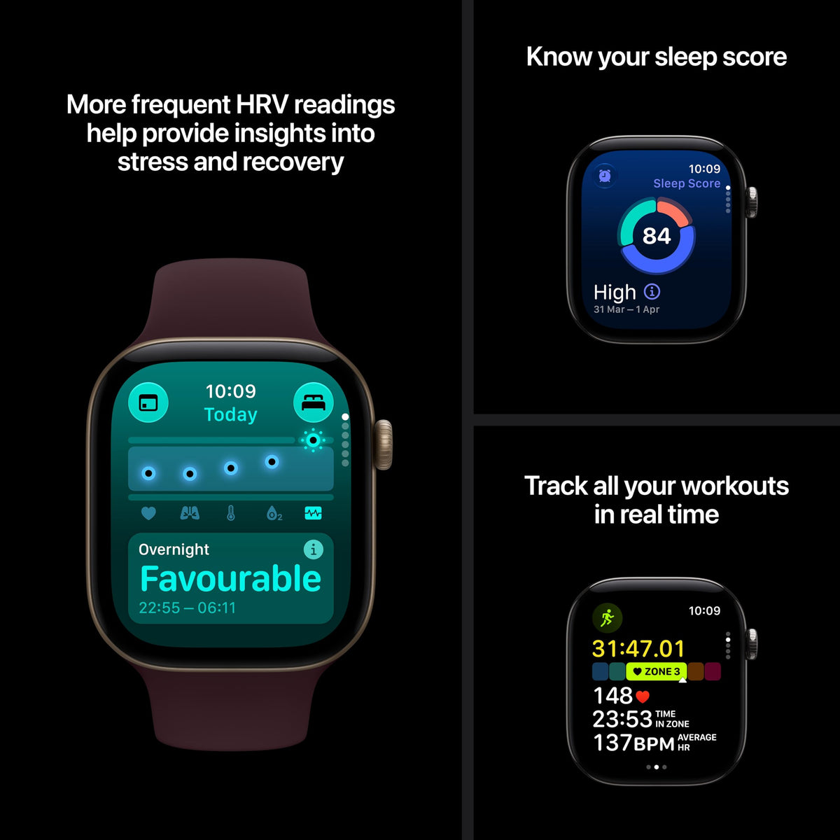 Two smartwatches displaying sleep score and workout metrics screens