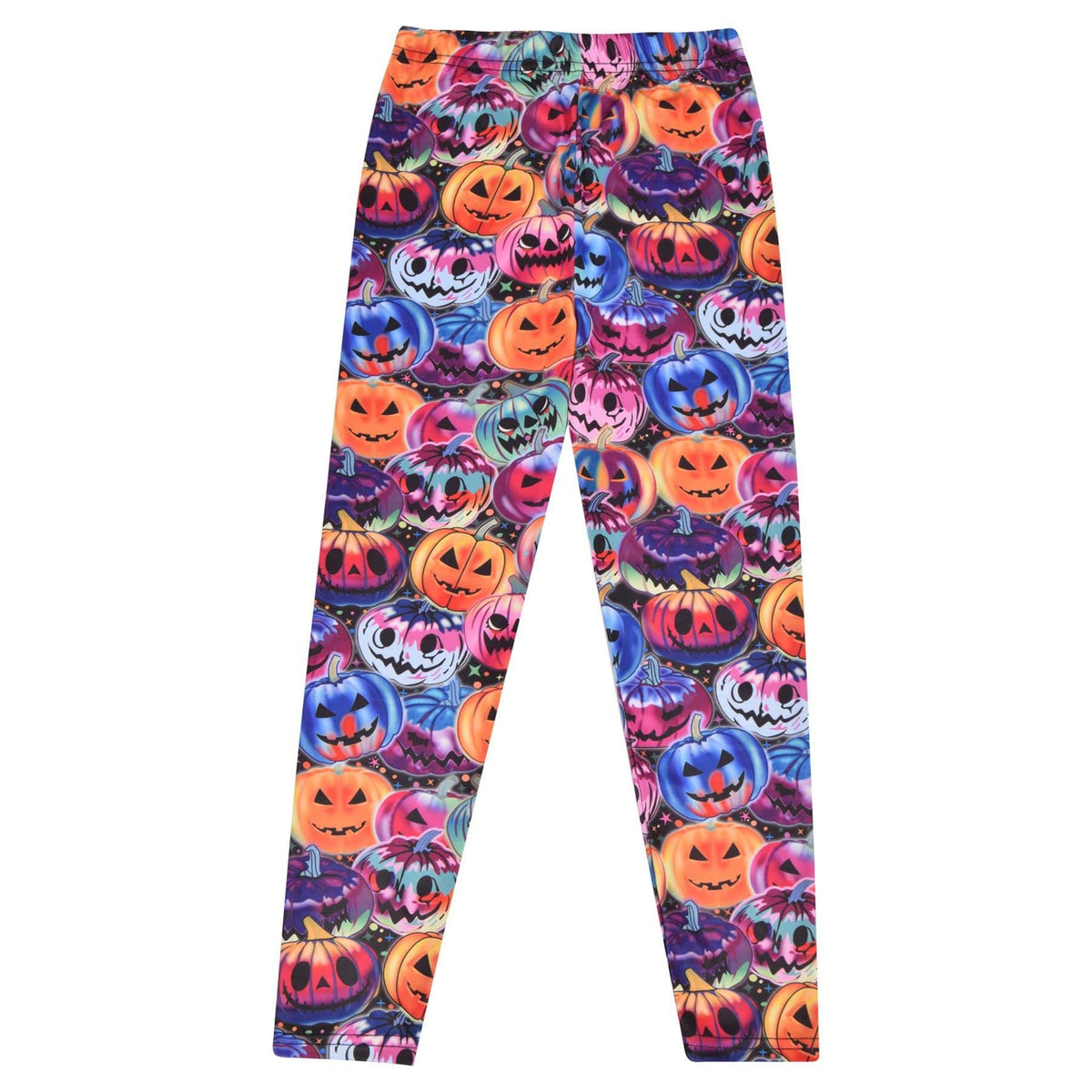 Kids Halloween leggings with colorful pumpkin, bat, and skull face pattern