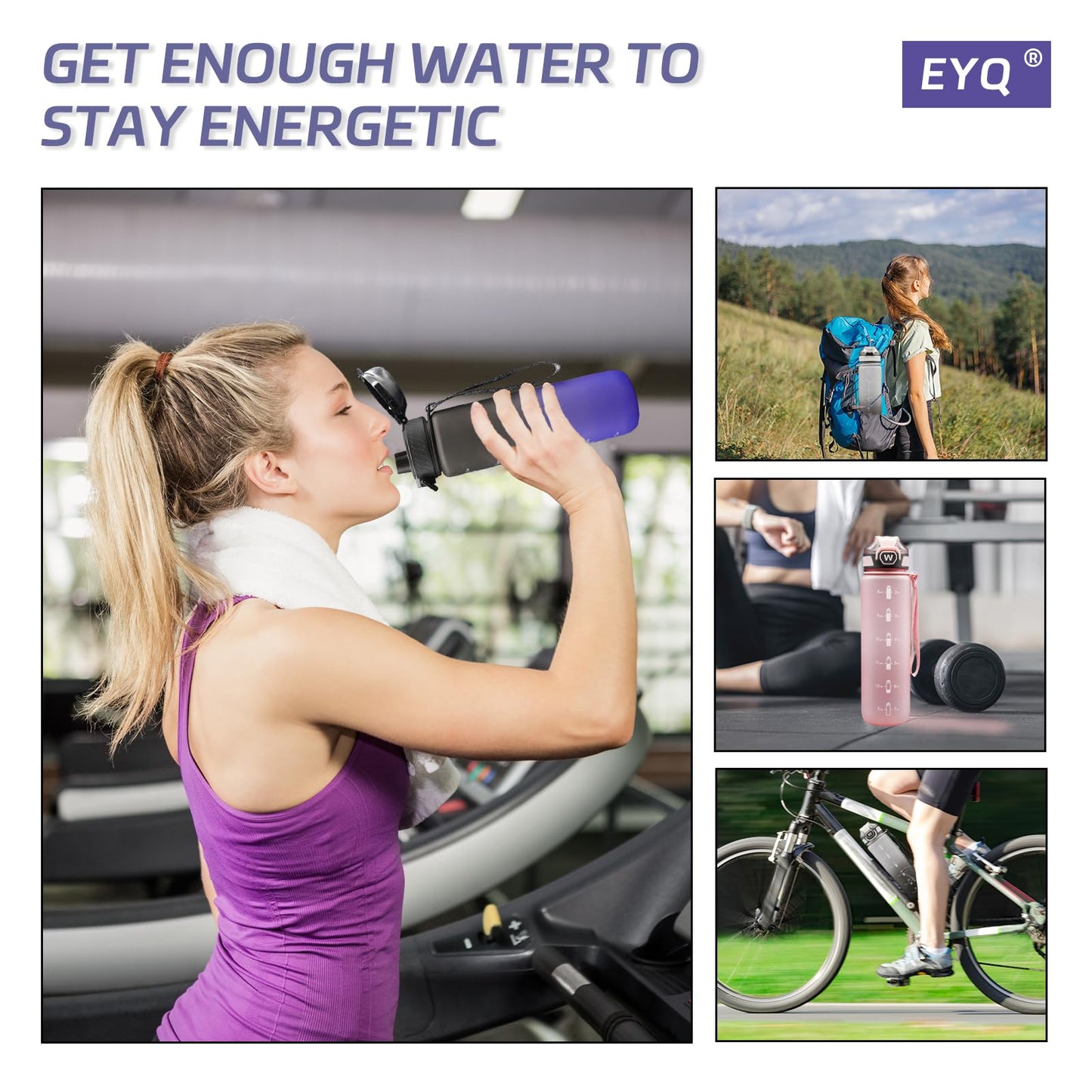 EYQ 1 L Water Bottle, 1 Litre Water Bottle, 32oz Leak-Proof Drinks Bottle, Tritan BPA-Free, Motivational Water Bottle with Time Marker, Sports Drinks Bottle for Fitness, School, Gym, Outdoor Sports