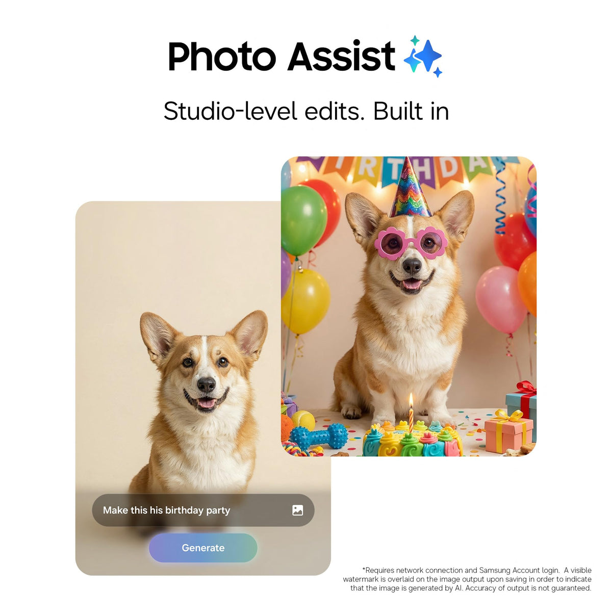 Samsung Galaxy S26 smartphone showing Photo Assist screen with two dogs and birthday theme