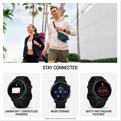 Black silicone-strap Garmin smartwatch with payment, music, and tracking feature cards