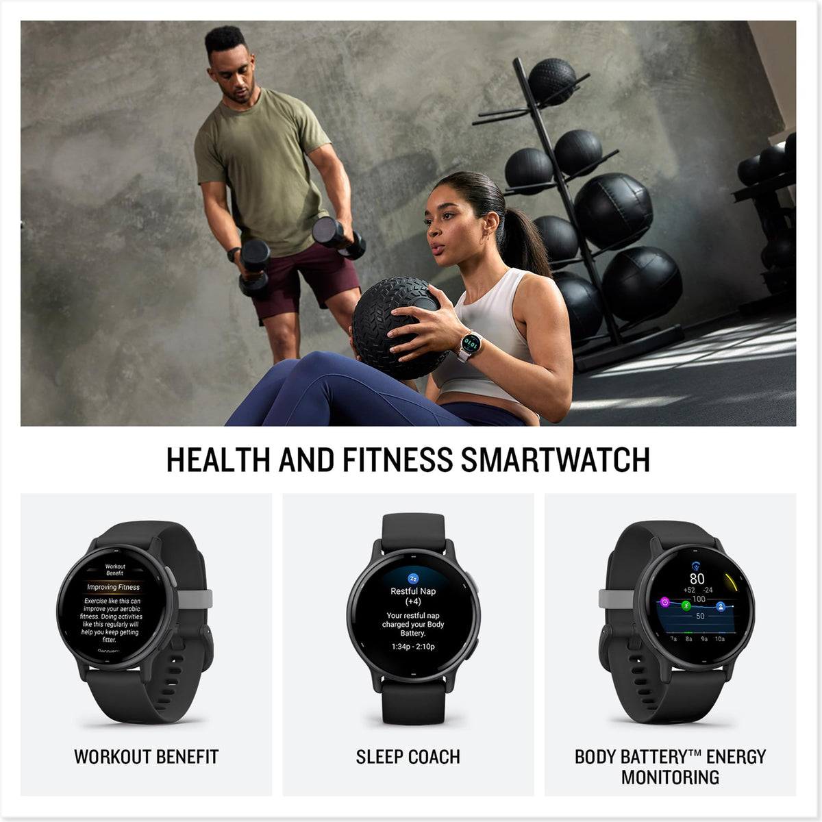 Health and fitness GPS smartwatch with workout, sleep, and body battery features