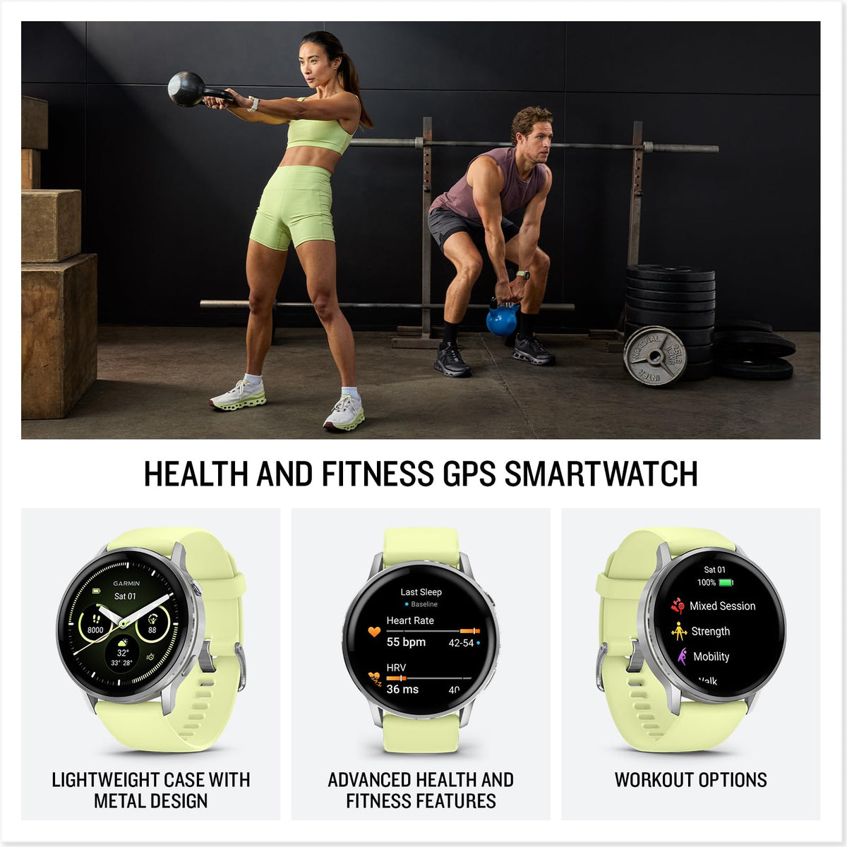 Garmin GPS fitness smartwatch with light green silicone strap, shown from multiple angles