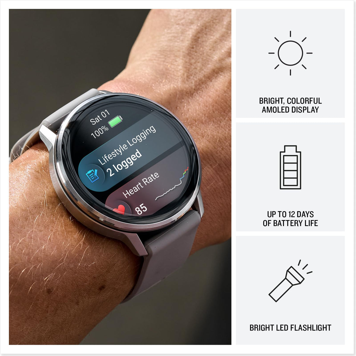 Garmin Venu 4 GPS smartwatch with dark AMOLED display, silver case, dark silicone band