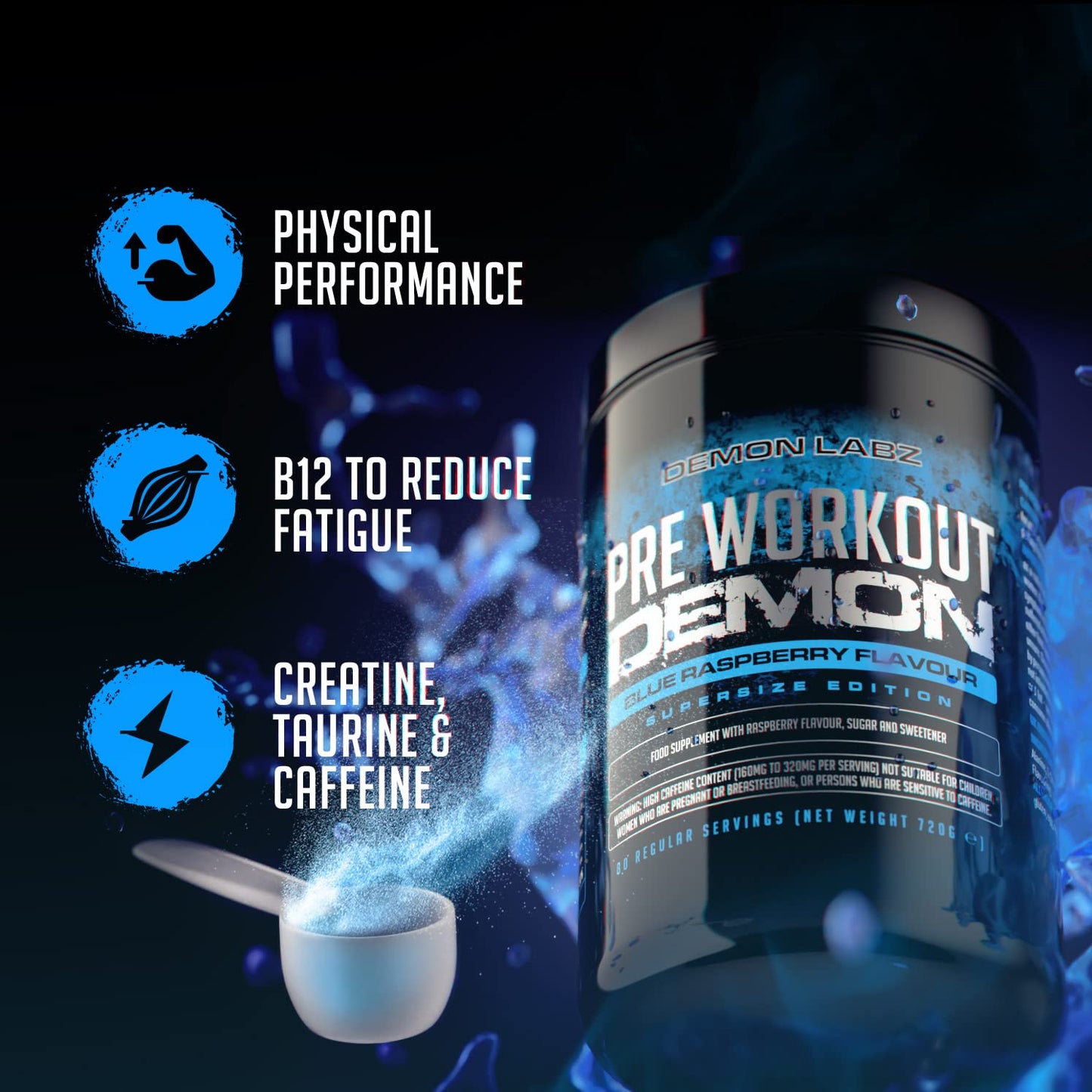 Pre Workout Demon - Advanced Pre-Workout Energy Powder with Creatine, Caffeine, Beta-Alanine & Glutamine, Blue Raspberry, 720-80 Servings