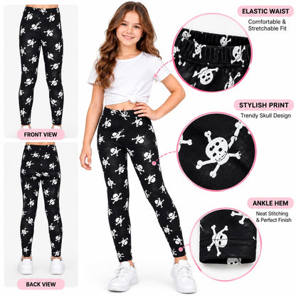 Black kids leggings with white skull and bone print, full length, elastic waistband