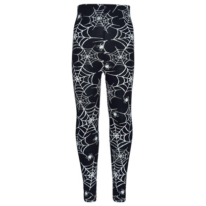 Kids black full-length leggings with white spiderweb and skull graphic pattern