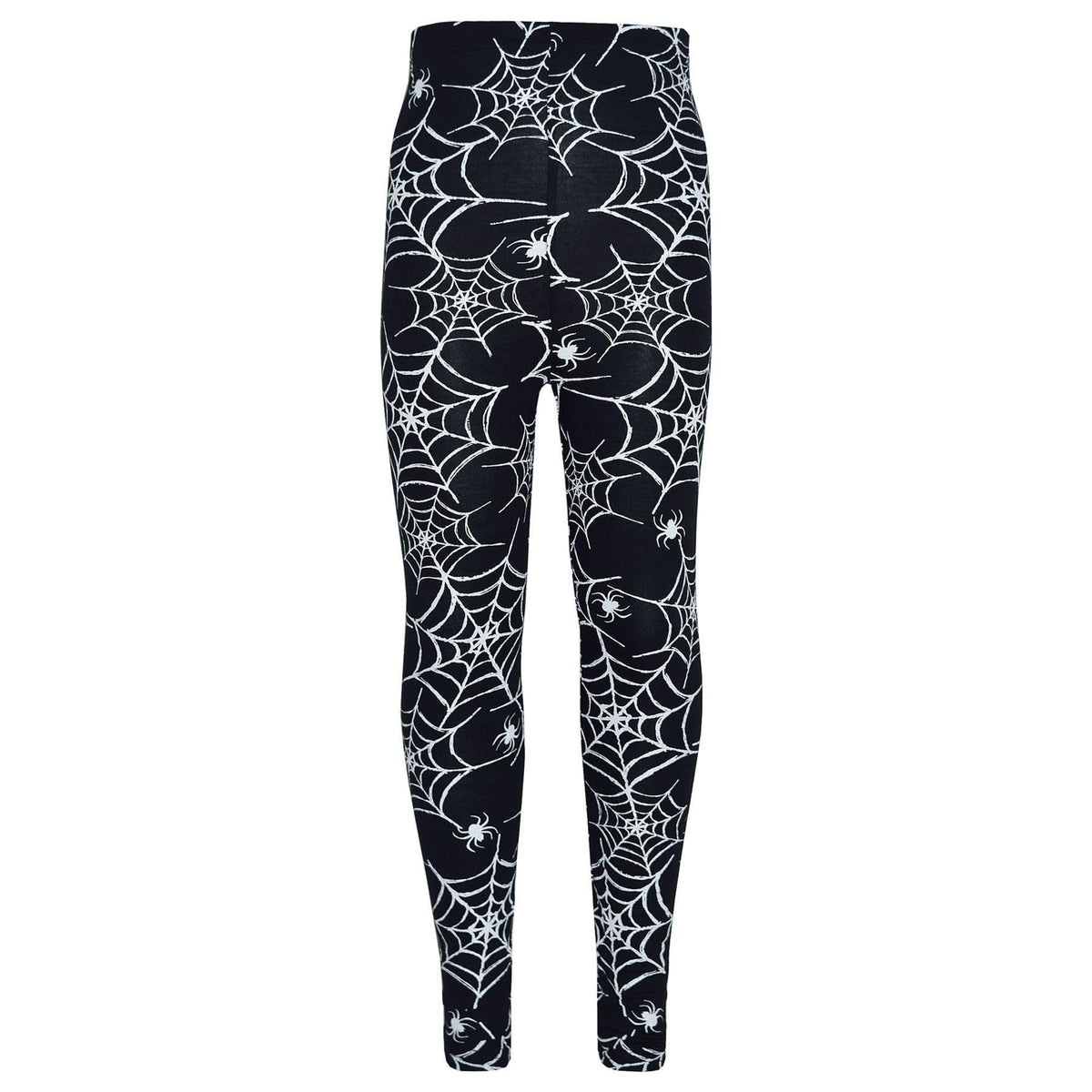 Kids black leggings with white spiderweb and skull print, centered studio product view