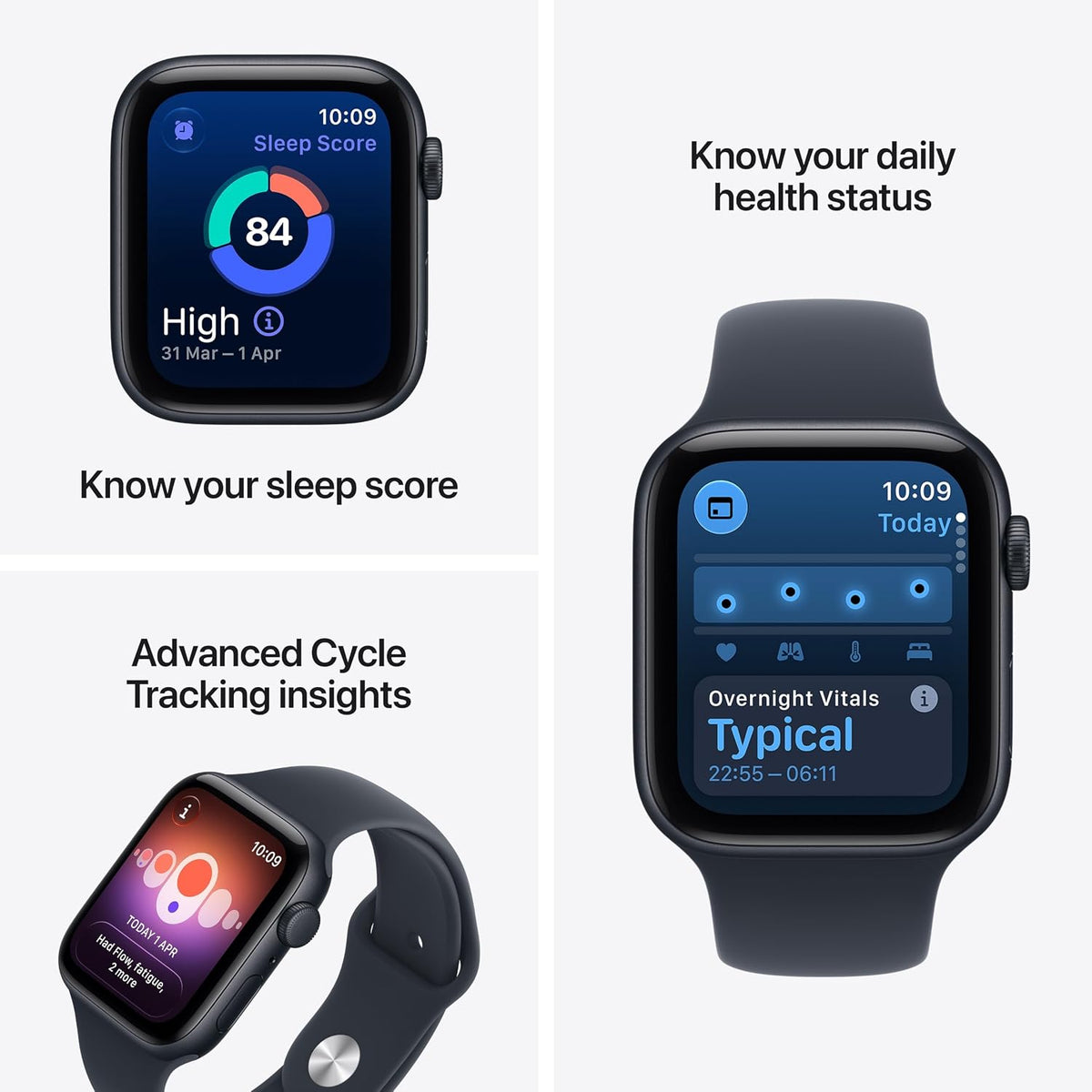 Apple Watch SE 3 GPS smartwatch with midnight sport band, front and rear views