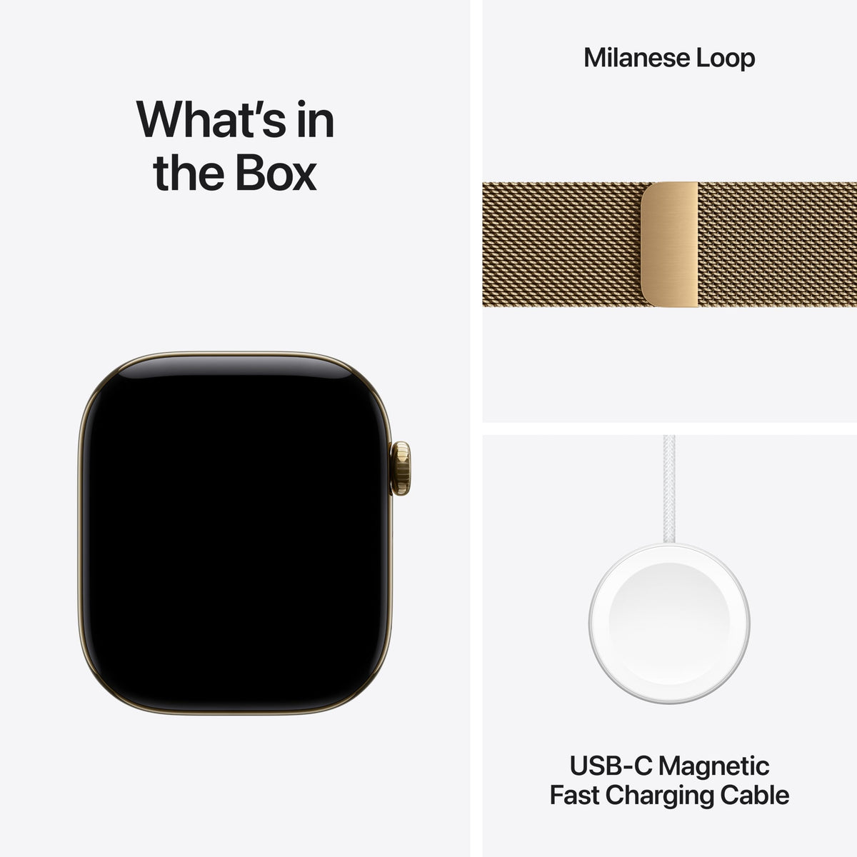Apple Watch GPS smartwatch box contents: smartwatch, Milanese Loop strap, and USB-C fast charger.