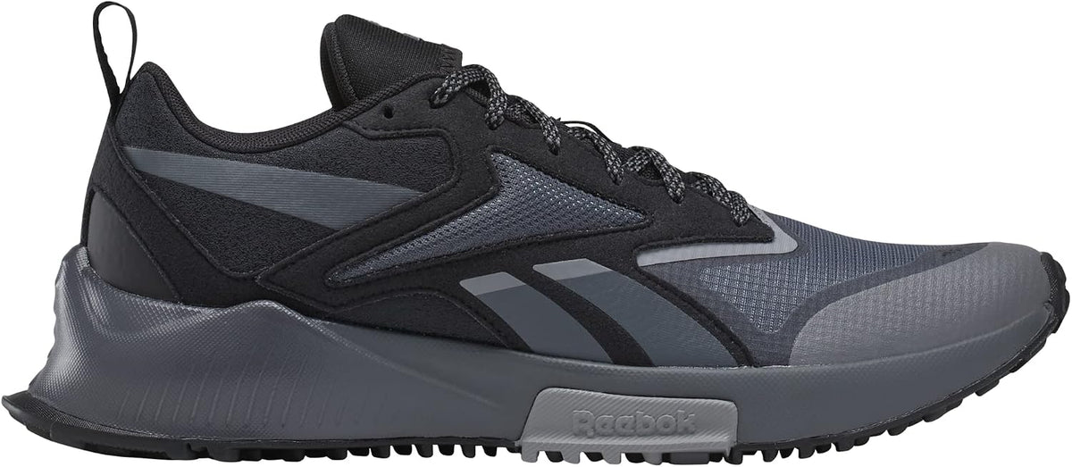 Men's black and gray trail running shoes with lace-up closure and rugged outsole