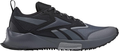 Men's trail running shoes in black with gray panels, lace-up with treaded sole.