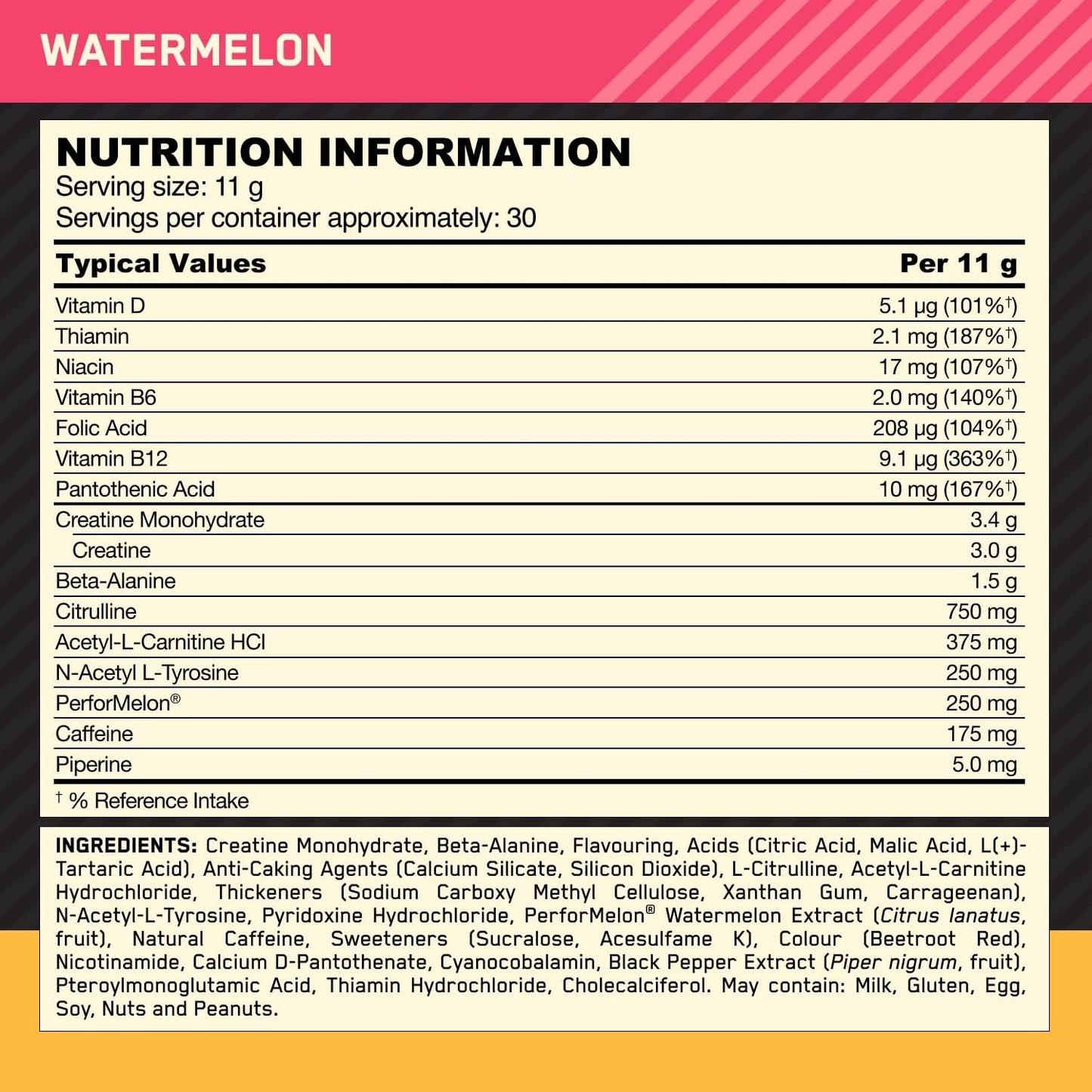 Optimum Nutrition Gold Standard Pre Workout Powder, Energy Drink with Creatine Monohydrate, Beta Alanine, Caffeine and Vitamin B Complex, Nutrition Supplement, Watermelon Flavour, 30 Servings, 330 g