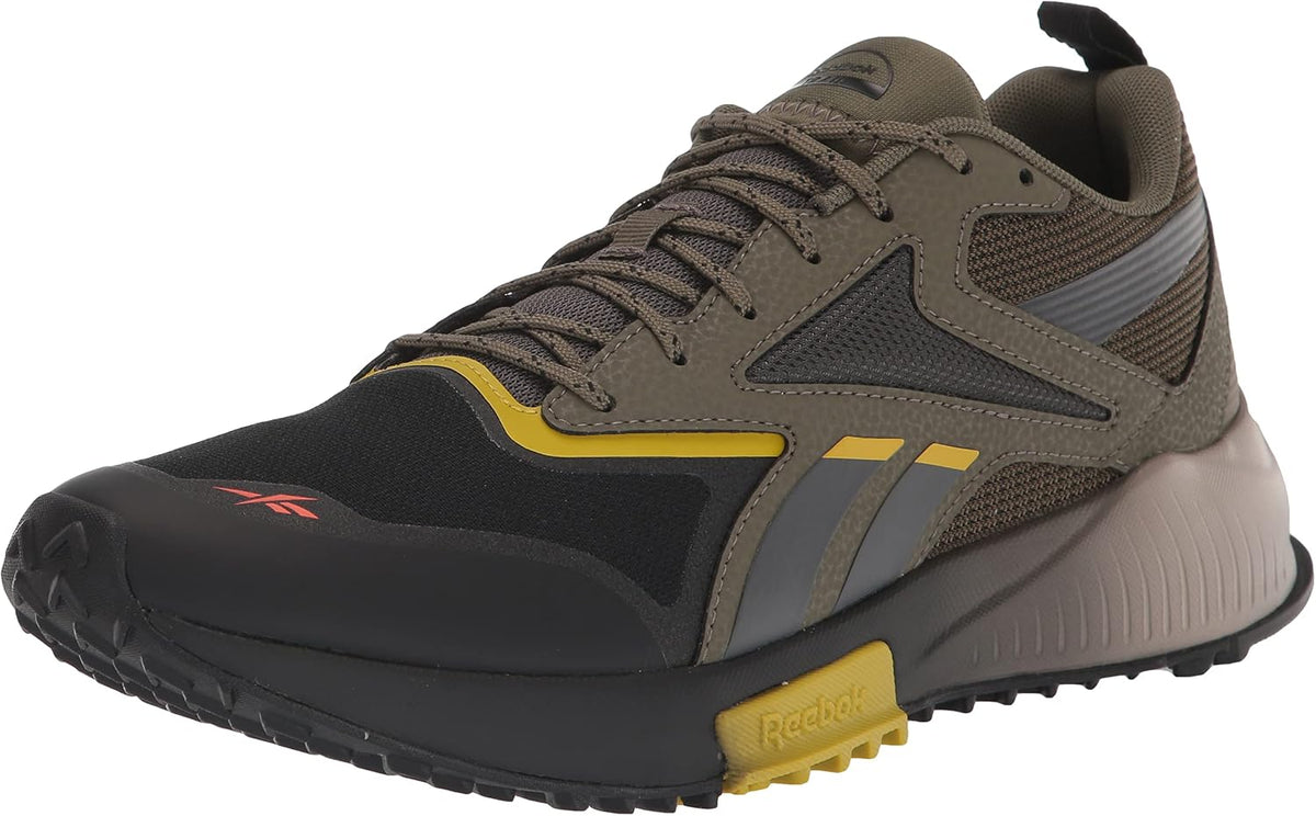 Men's trail running shoes with dark grey upper, yellow trim, black toe, grippy lugs