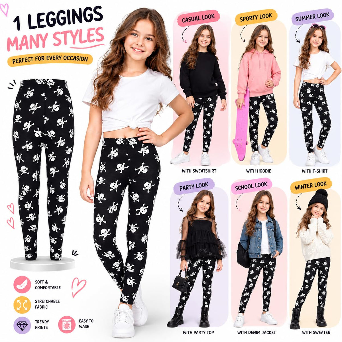 Black kids leggings with repeating white skull and crossbones pattern, full length