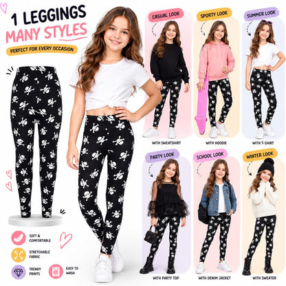 Black kids leggings with repeating white skull and crossbones pattern, full length