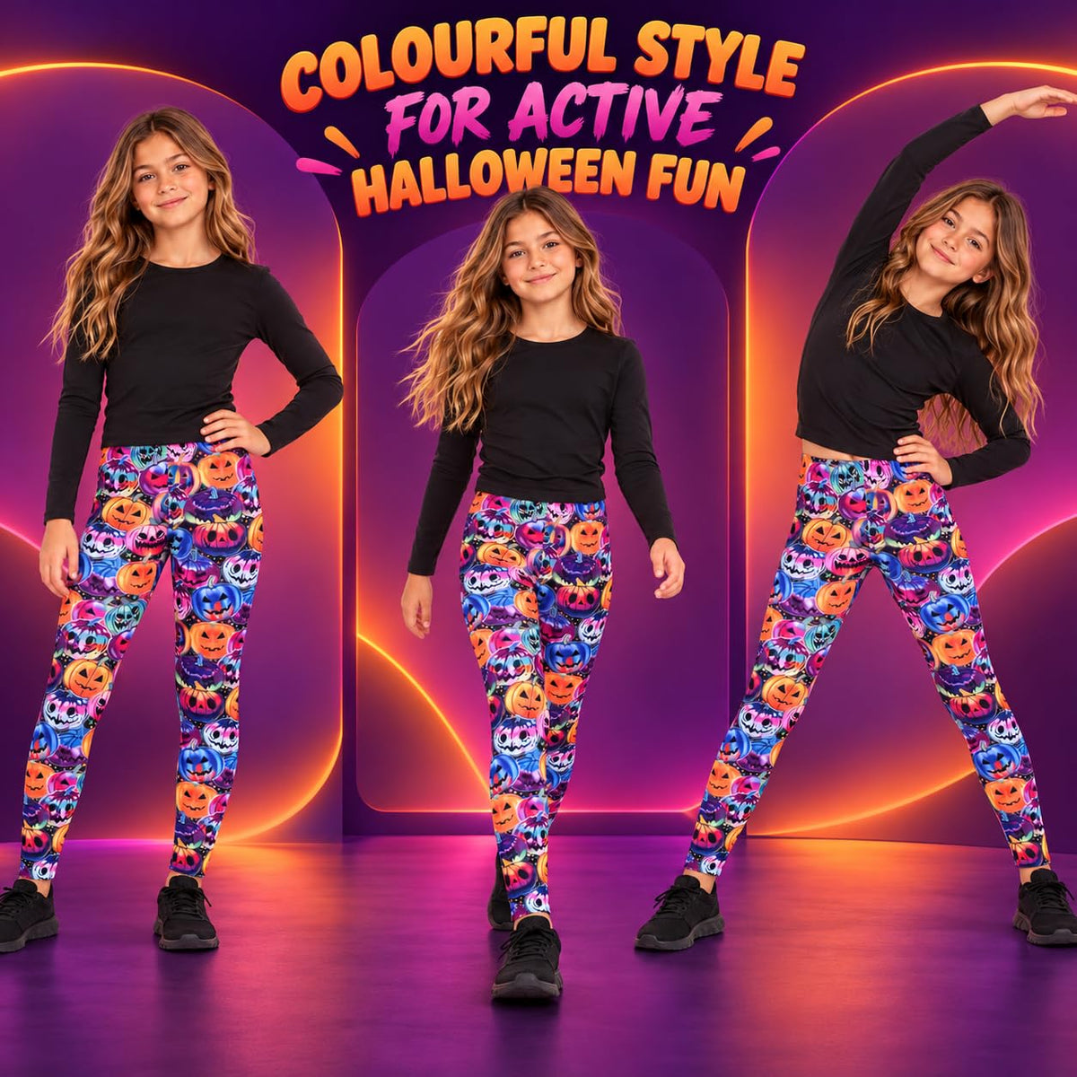 Kids Halloween leggings with vibrant jack-o-lantern and skull graphic allover print