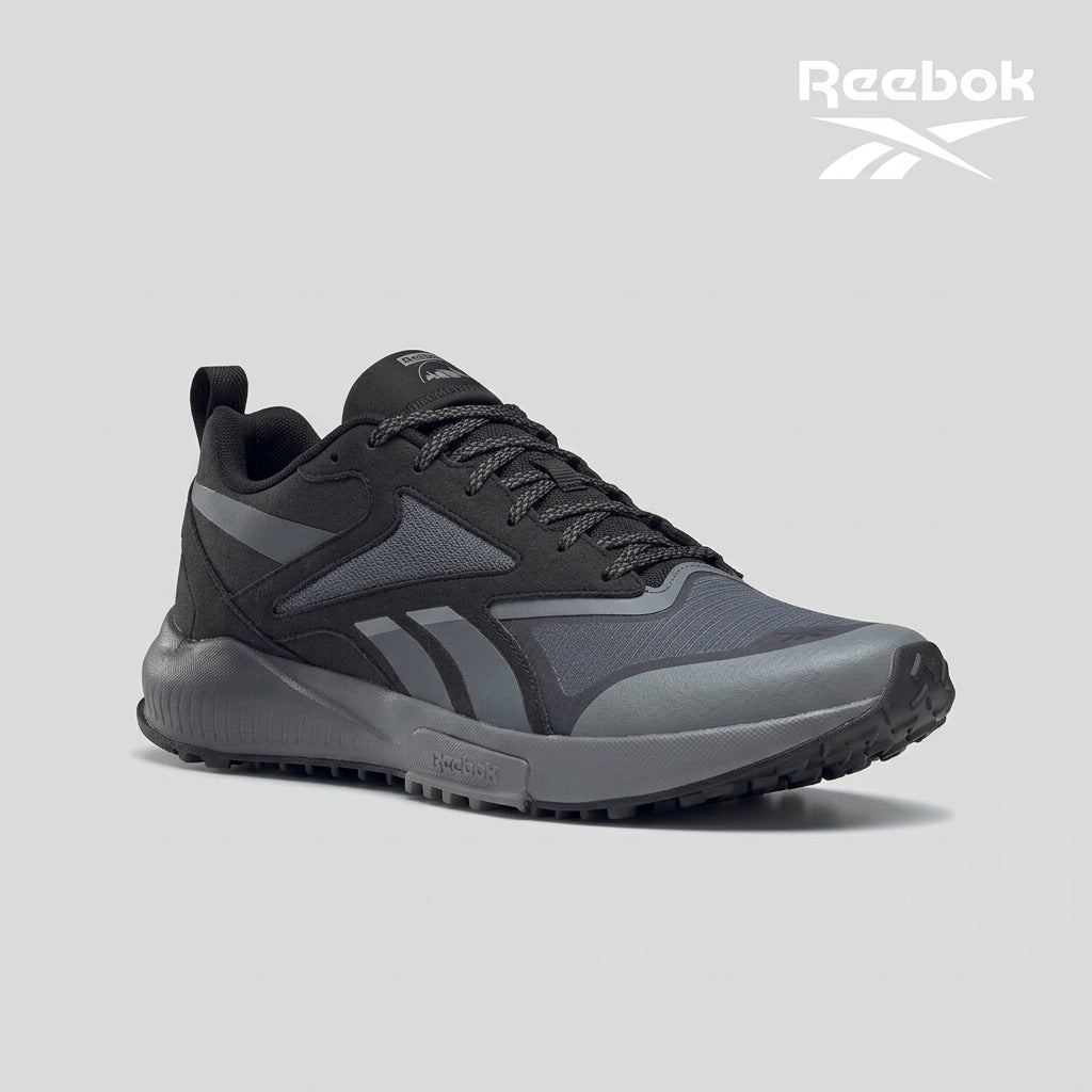 Black and gray athletic shoe with Reebok branding on a white background