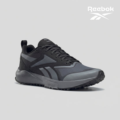 Black and gray athletic shoe with Reebok branding on a white background