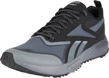 Reebok mens trail running shoe, light blue and gray with dark stripes and tread