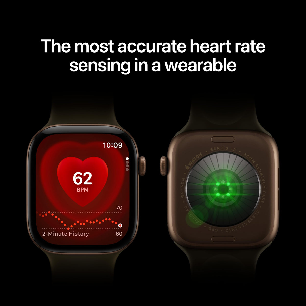 Two smartwatches side by side showing heart-rate and activity sensor displays