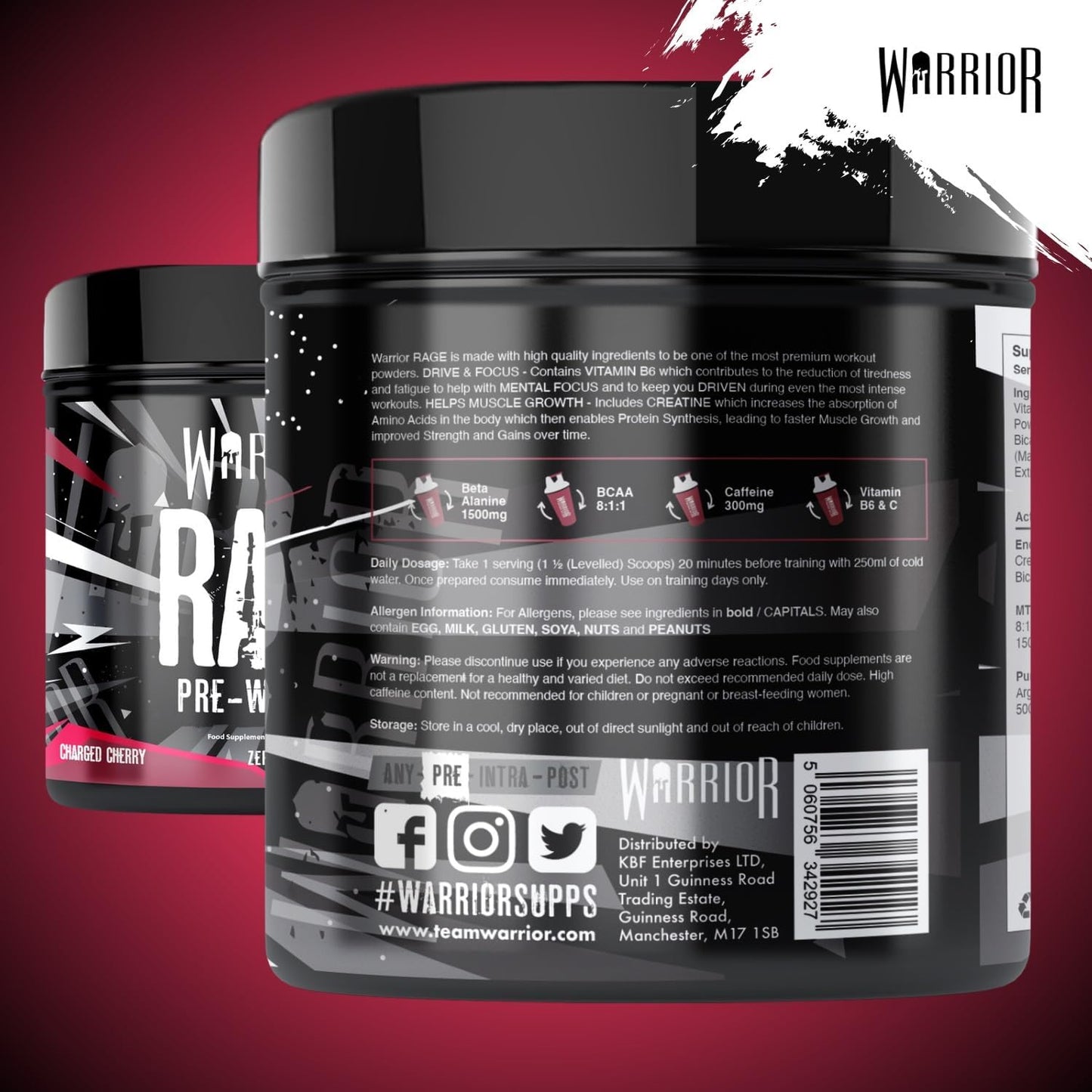 Warrior Rage - Pre-Workout Powder - 392g - Energy Drink Supplement with Vitamin C, Beta Alanine and Creatine Gluconate - 45 Servings (Charged Cherry)