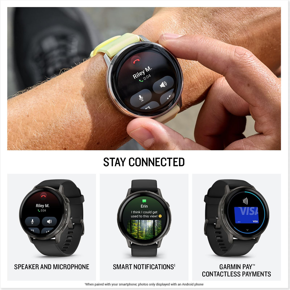 Garmin Venu 4 GPS smartwatch with dark AMOLED display, silver bezel, lime silicone strap