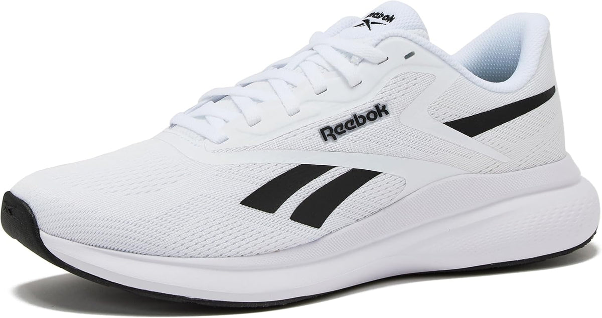 Men's running shoes with white mesh upper, black stripes, and white cushioned midsole