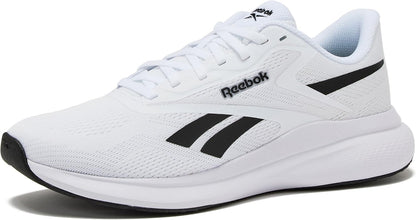 Men's running shoes with white mesh upper, black stripes, and white cushioned midsole