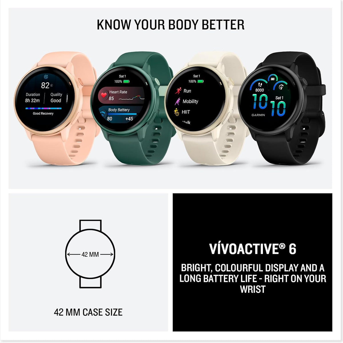 Four-color Garmin fitness smartwatch collection with round displays and silicone wrist bands.