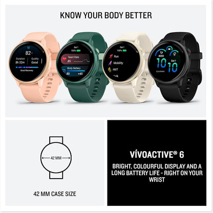 Four-color Garmin fitness smartwatch collection with round displays and silicone wrist bands.