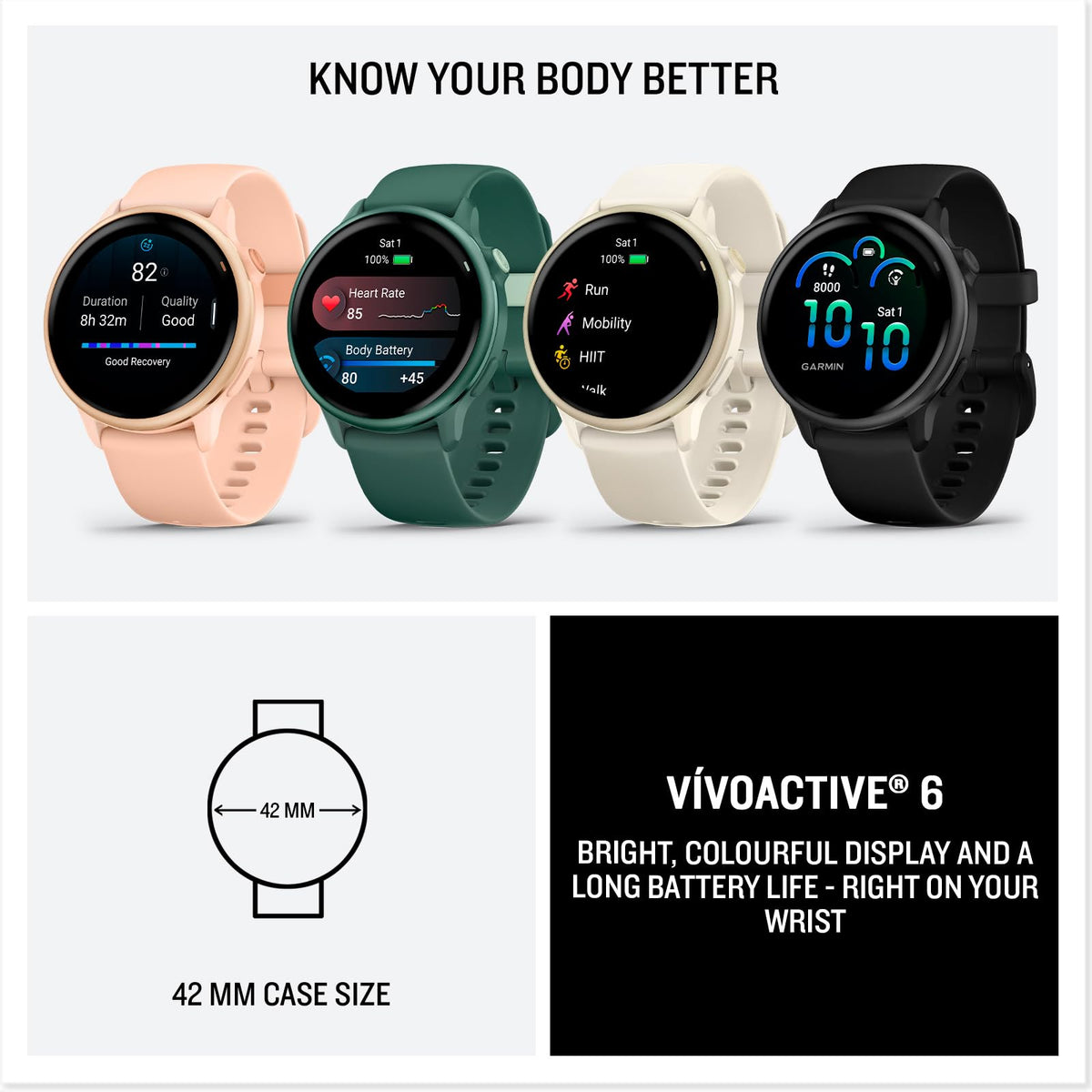 Four 42mm smartwatches with colorful silicone straps and round AMOLED displays