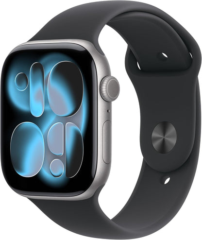 Black smartwatch with square display and silicone band, showing blue watch face