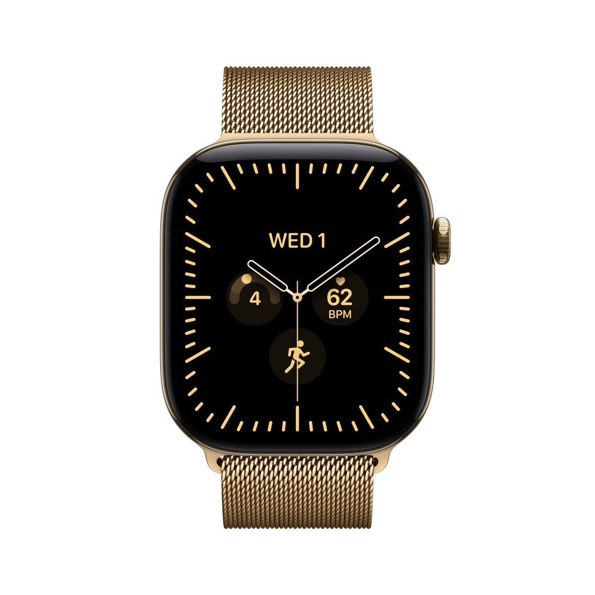 Smartwatch with gold mesh band showing WED 1 and 62 BPM heart-rate.