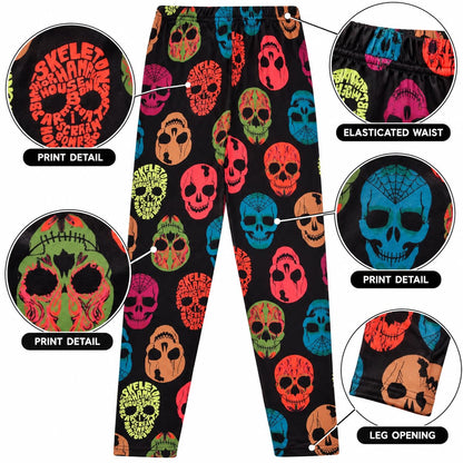 Kids leggings detail view: colorful skull print, elastic waist, cuffed leg openings