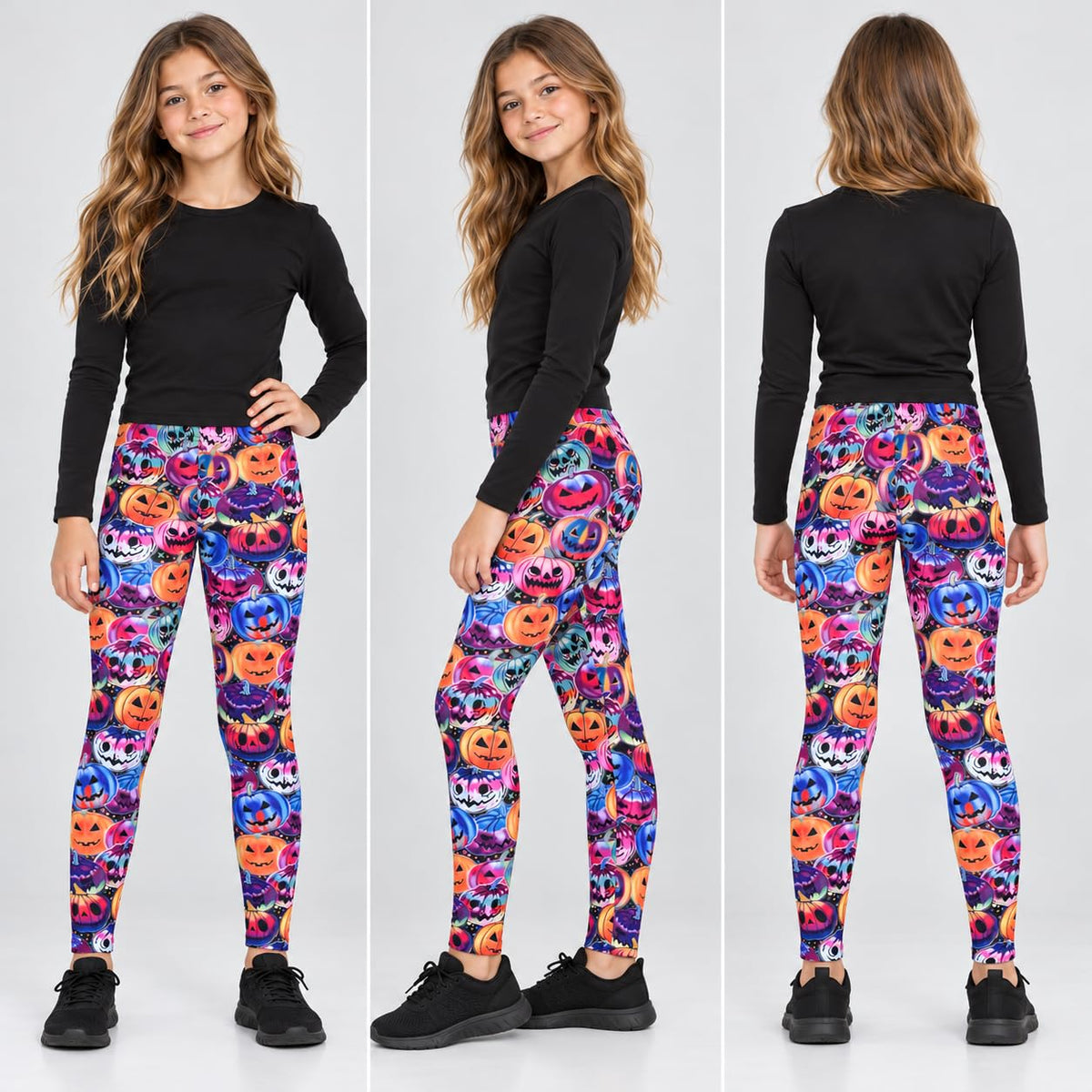 Kids Halloween leggings with colorful jack-o-lantern and skull pattern, side view