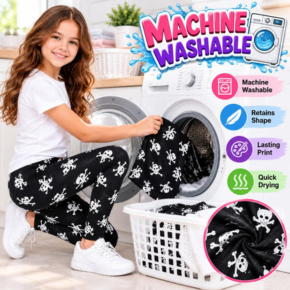 Black kids leggings with white skull and bone print, machine washable, lasting print